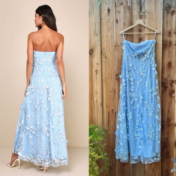 Light Powder Blue 3D Floral Embroidered Strapless Maxi Dress 🌿 - Picture 3 of 10